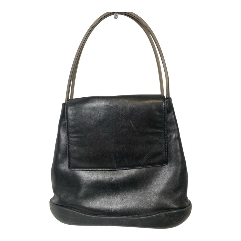 Vintage BALLY Black Leather Shoulder Bag Purse Flap Stiff Strap